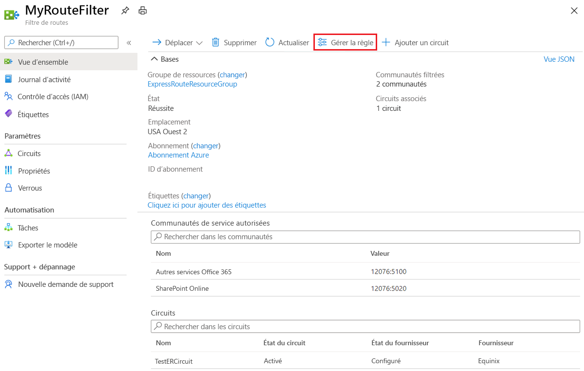 Capture d’écran montrant comment mettre à jour les filtres de routage avec l’action Gérer la règle.