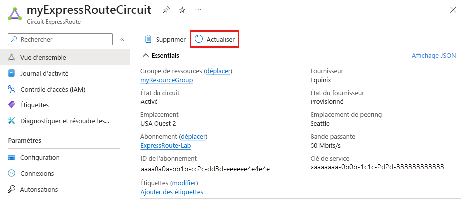 Capture d’écran du bouton d’actualisation d’un circuit ExpressRoute.