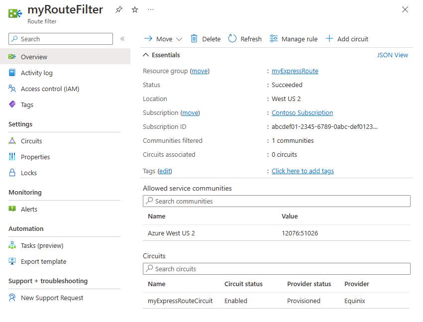 Capture d’écran de la page de vue d’ensemble du filtre de routage.