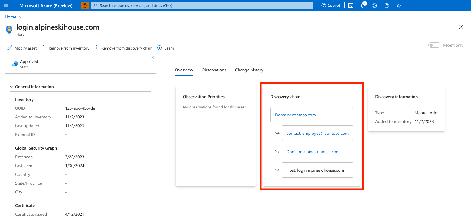 Capture d’écran montrant la page de détails de la ressource avec la section Chaîne de découverte mise en surbrillance.