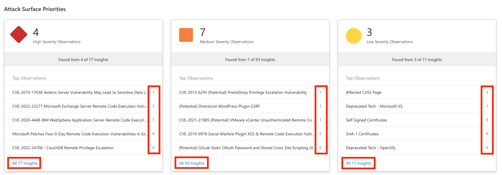 Capture d’écran des priorités de surface d’attaque avec les options sur lesquelles il est possible de cliquer mises en évidence.