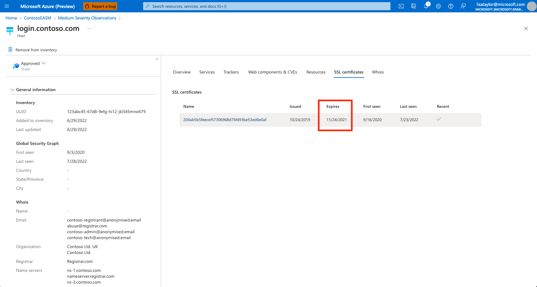 Capture d’écran de la liste des ressources impactées dans la vue d’exploration au niveau du détail (le certificat SSL doit avoir expiré).