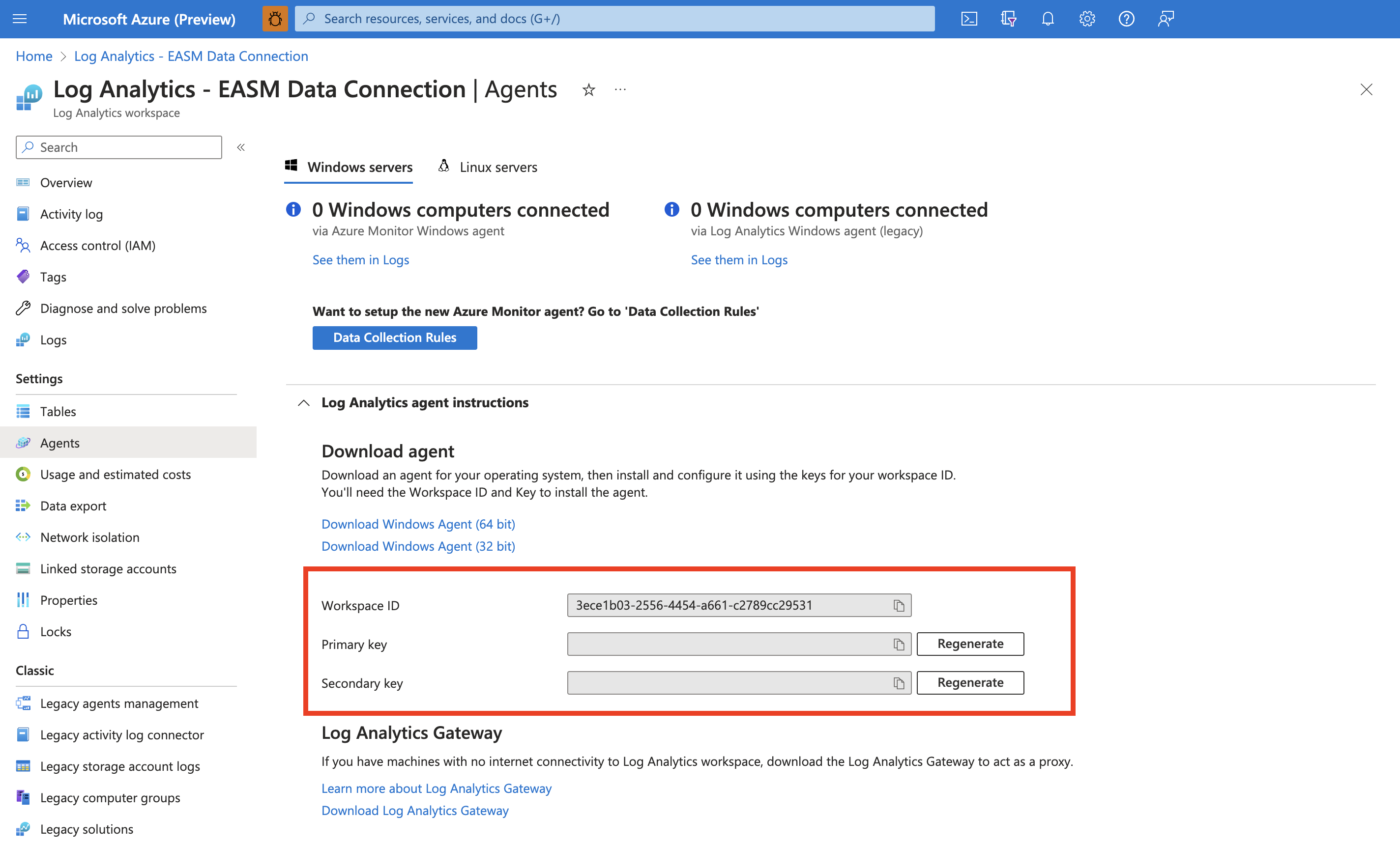 Capture d’écran montrant les agents Log Analytics.