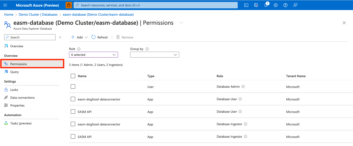 Capture d’écran montrant les autorisations Azure Data Explorer.