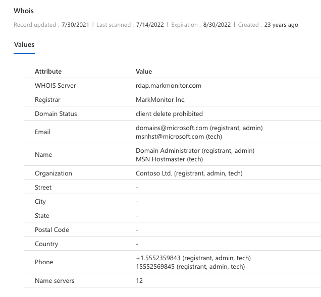 Capture d’écran montrant la section Valeurs de l’onglet Whois.