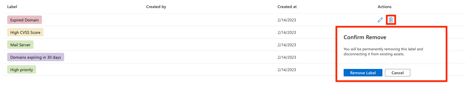 Capture d’écran montrant l’option Confirmer la suppression dans la page Gestion des étiquettes.