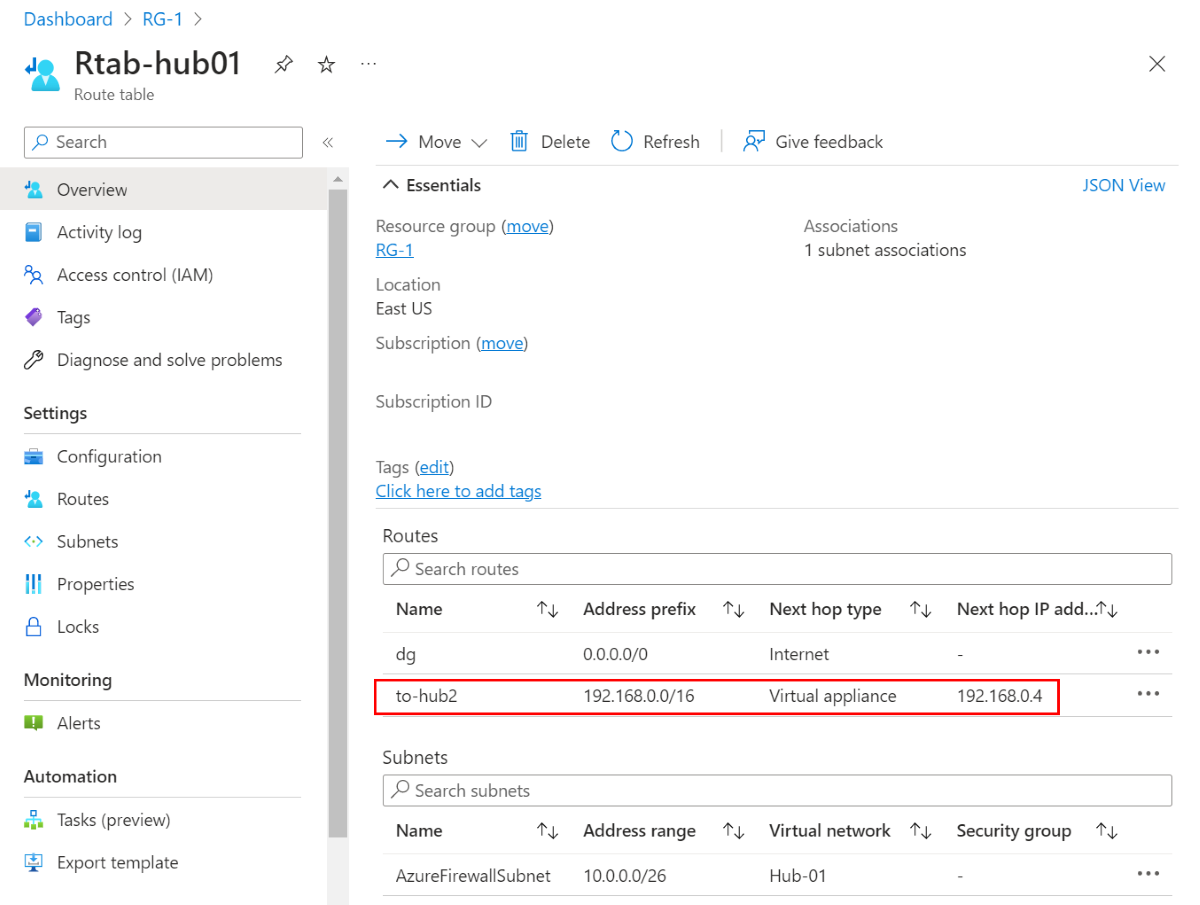 Capture d’écran montrant la table de routage pour Hub-01.