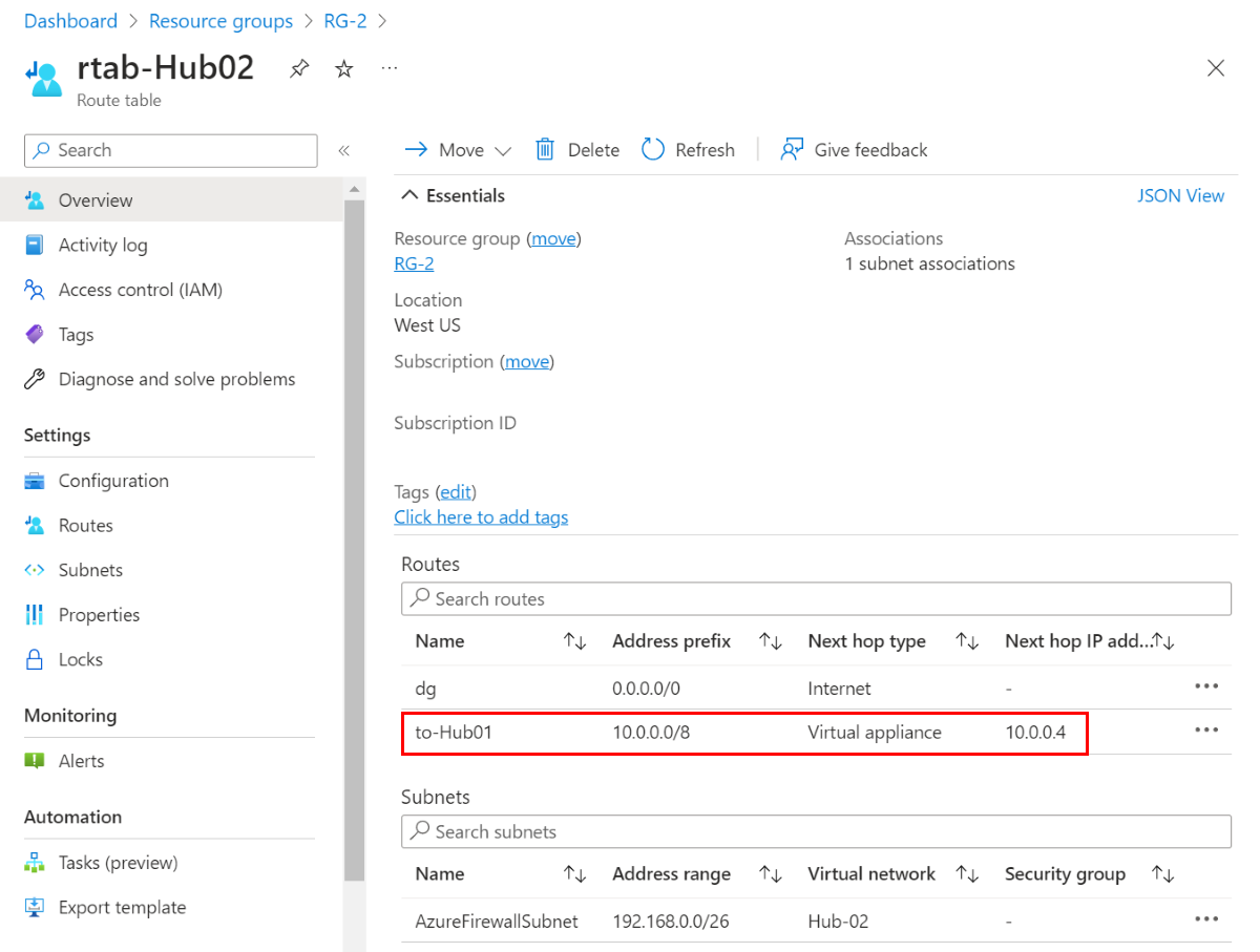 Capture d’écran montrant la table de routage pour Hub-02.