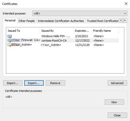 Capture d’écran du certificat d’exportation