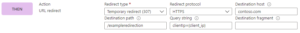 Capture d’écran du portail montrant l’action de redirection d’URL.