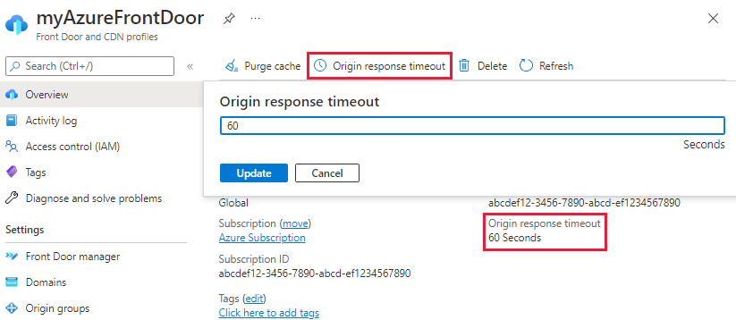 Capture d’écran des paramètres de délai d’expiration d’origine dans la page de vue d’ensemble du profil Azure Front Door.