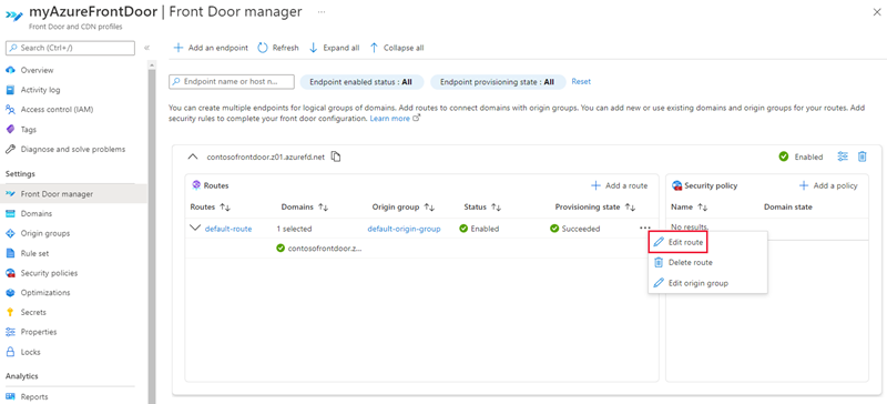 Capture d’écran de l’option de modification de route dans le gestionnaire Front Door.