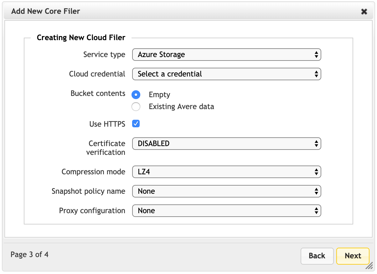 Informations sur le core filer de type cloud dans l’Assistant New Core Filer