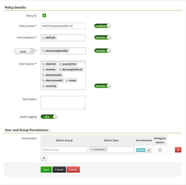 Capture d’écran illustrant les stratégies HDInsight ESP Ranger Hive à configurer.