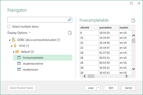 Navigateur ODBC Hive HDInsight pour Excel.