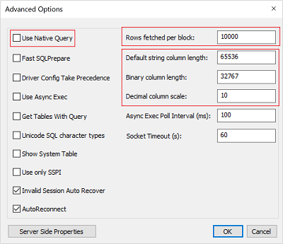 Options avancées de configuration DSN.