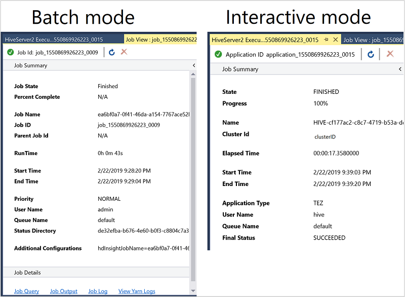 Fenêtres de résumé de travail Hive, lots et mode interactif, Visual Studio.