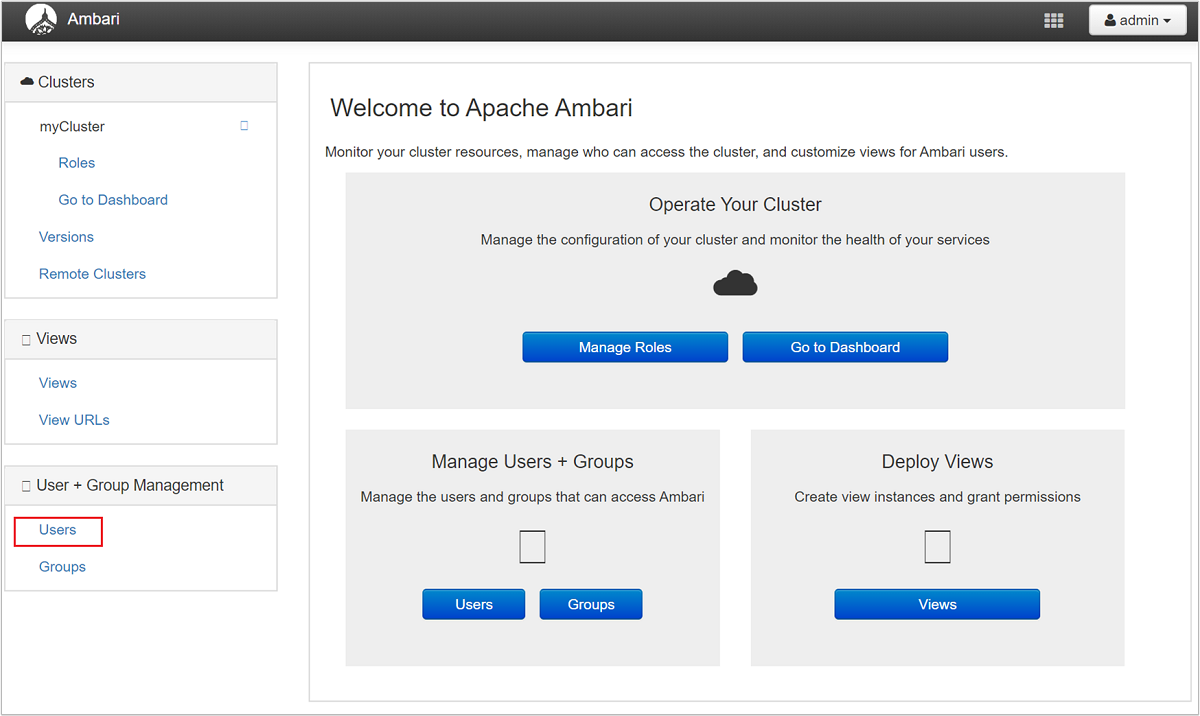 Utilisateurs de la page de gestion Apache Ambari.