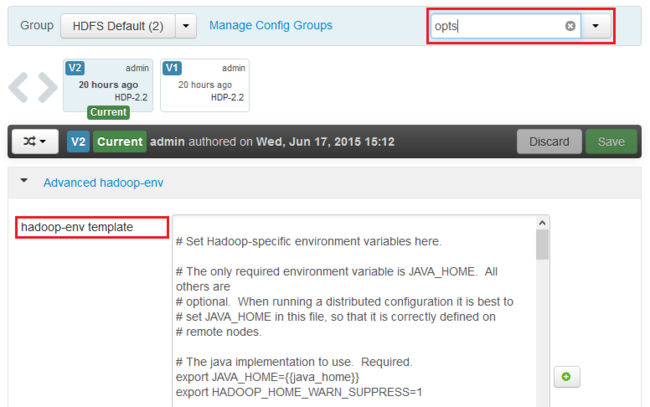 Apache Ambari config filtered list.