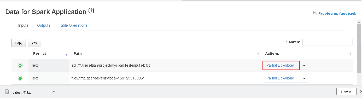 The data download row on the Data for Spark Application page.