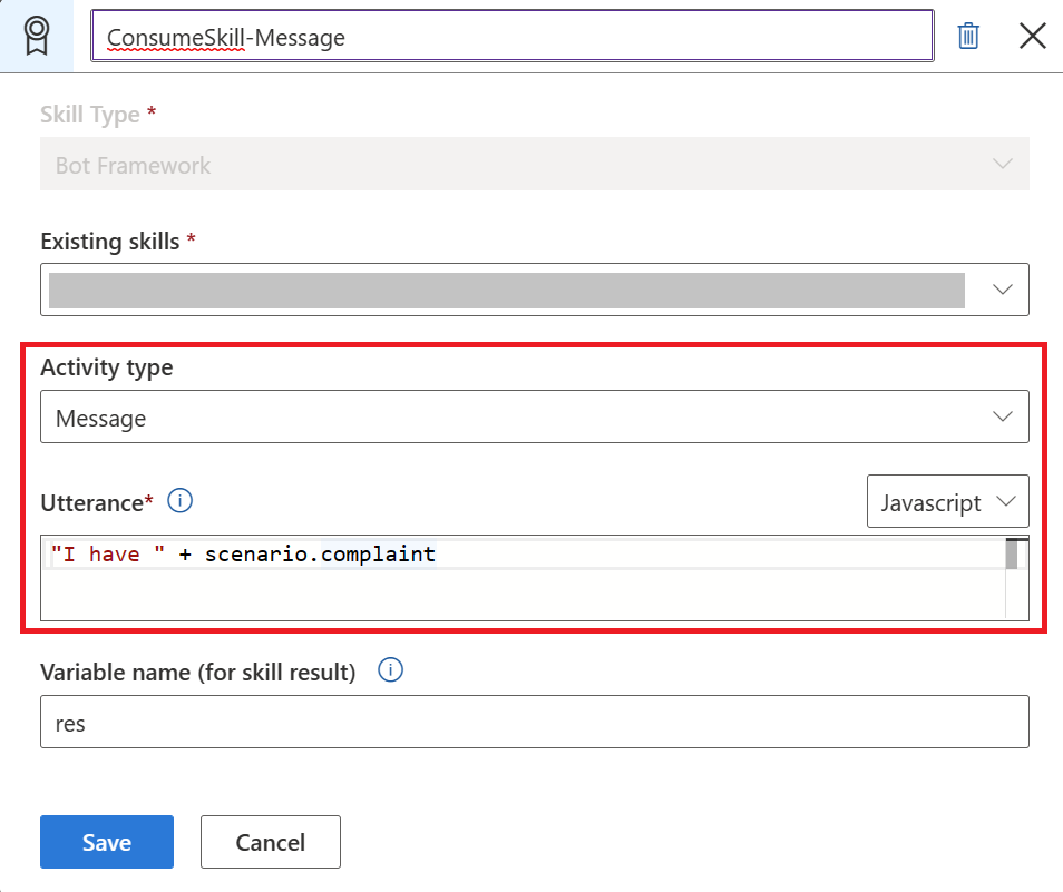 Invoke skill message activity