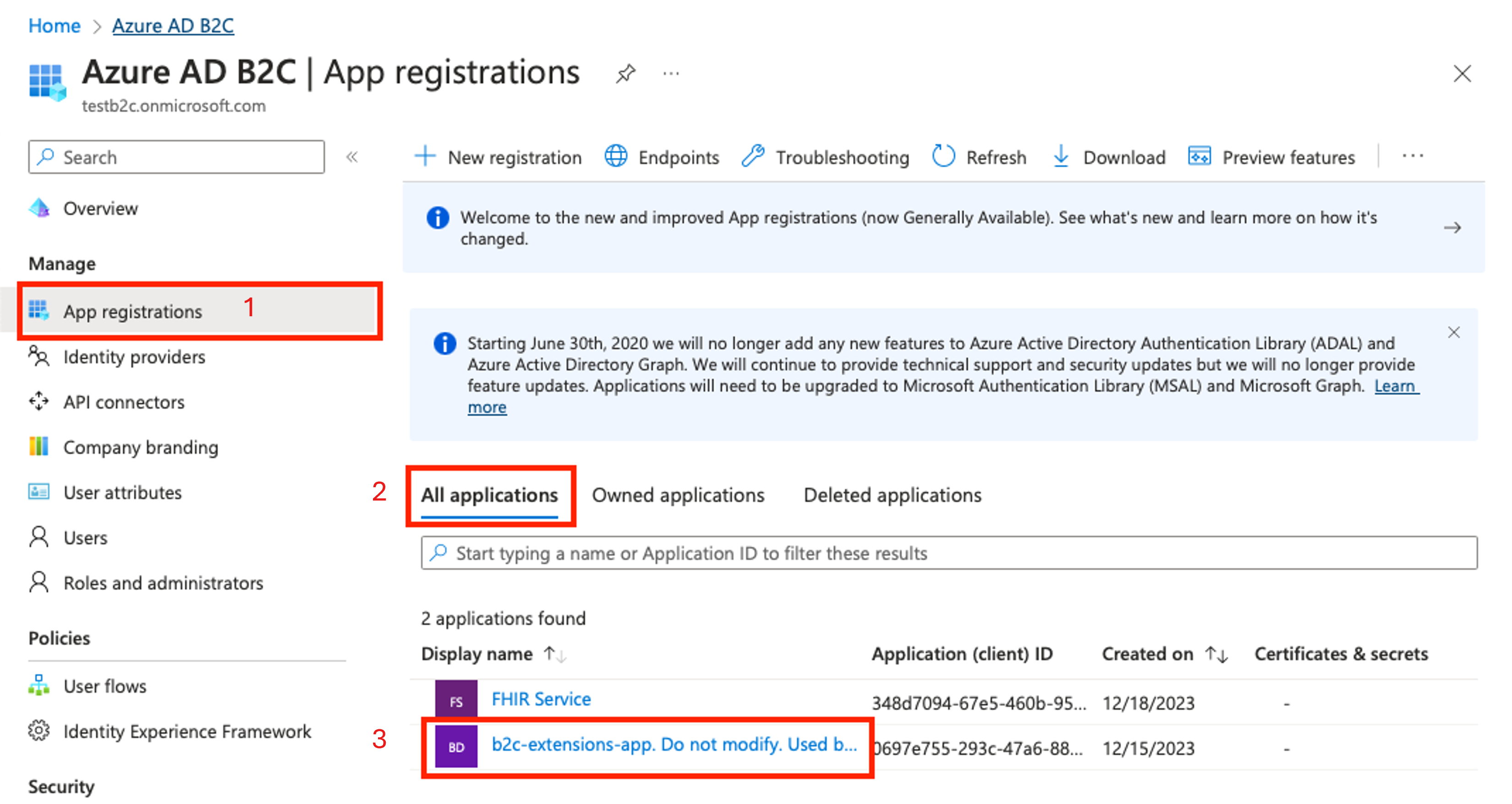 Capture d’écran présentant la liste des applications B2C.