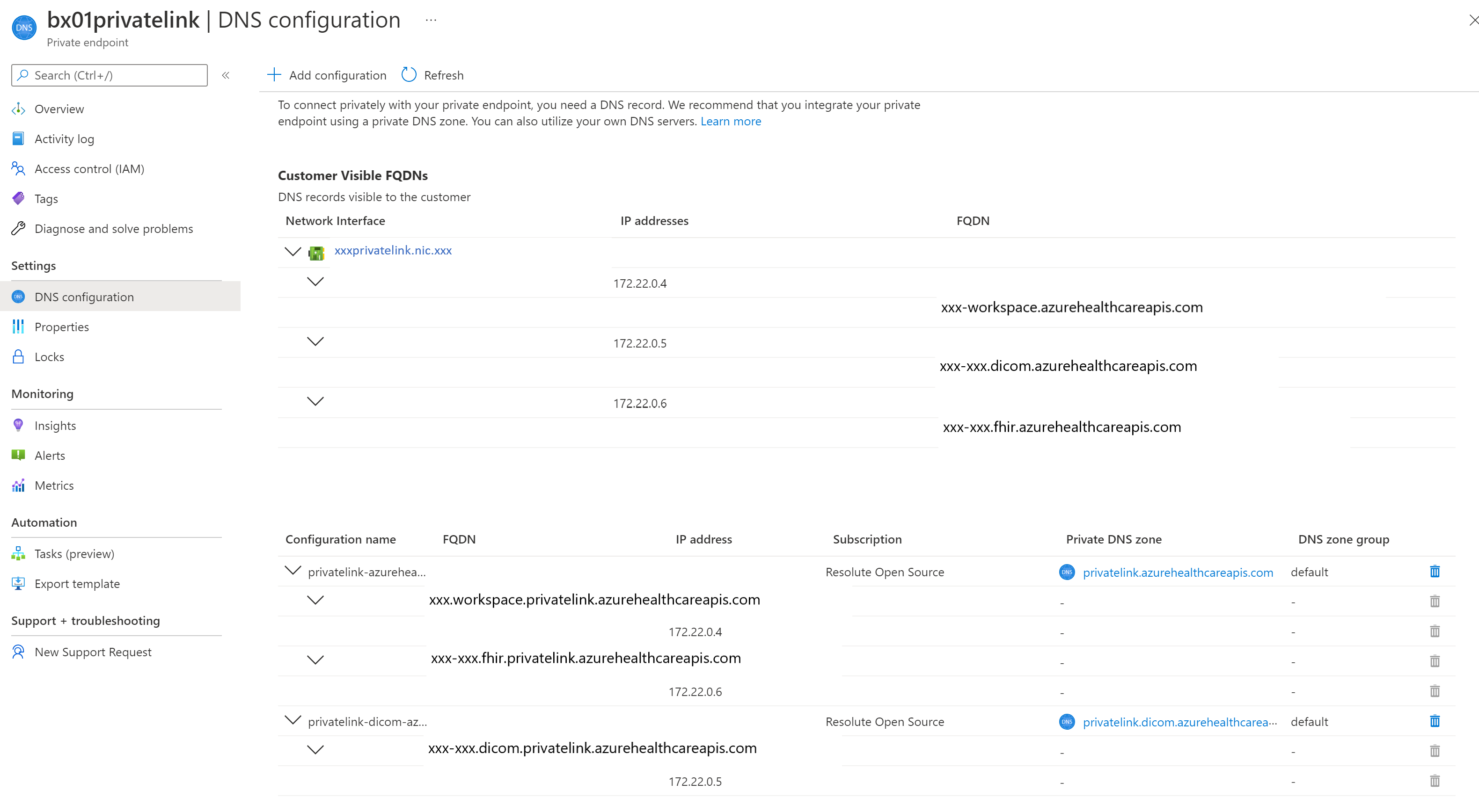 Capture d’écran montrant l’image de la configuration DNS Portail Azure.