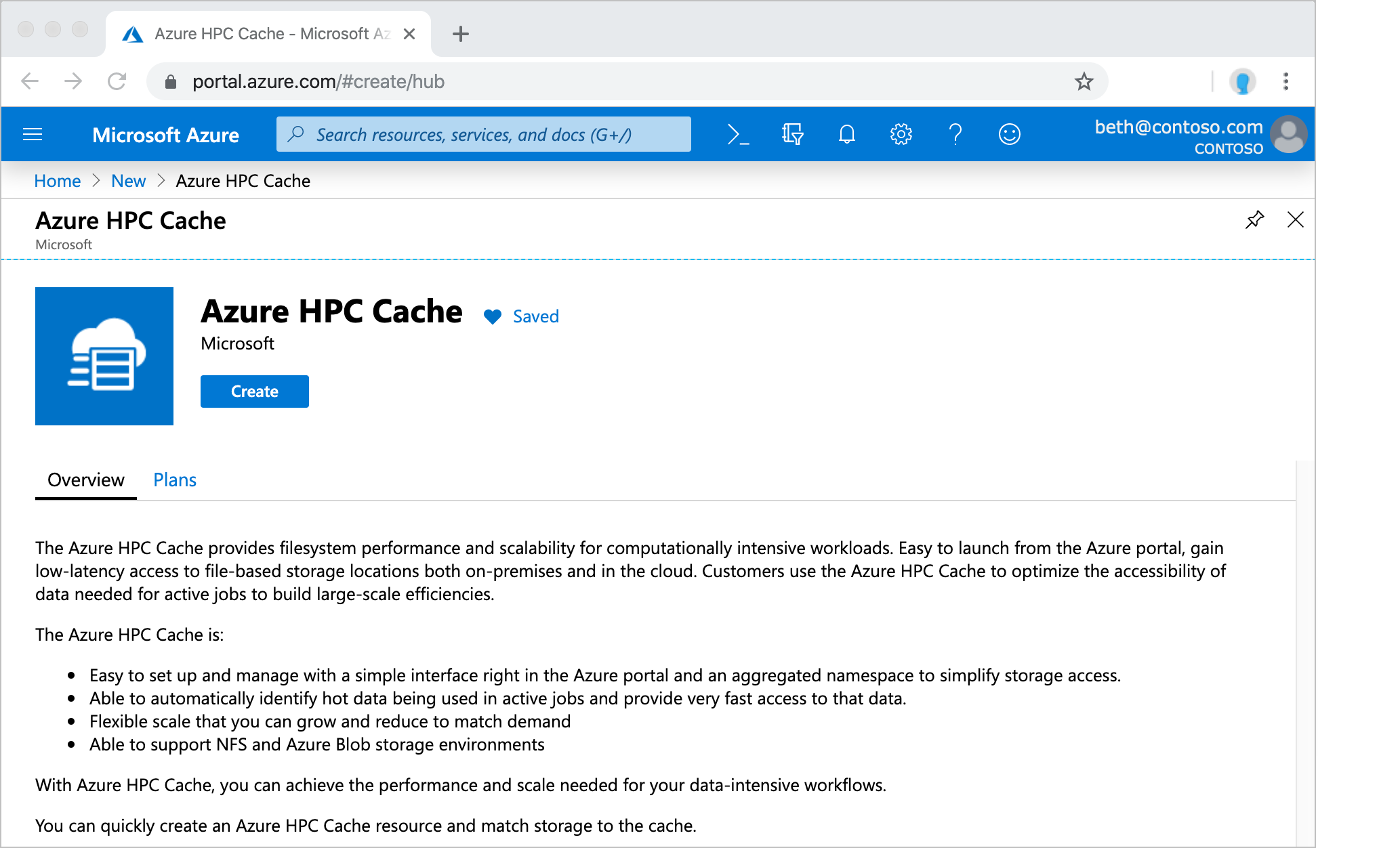 capture d’écran de la vue d’ensemble du cache dans le portail Azure, avec le bouton Créer en bas