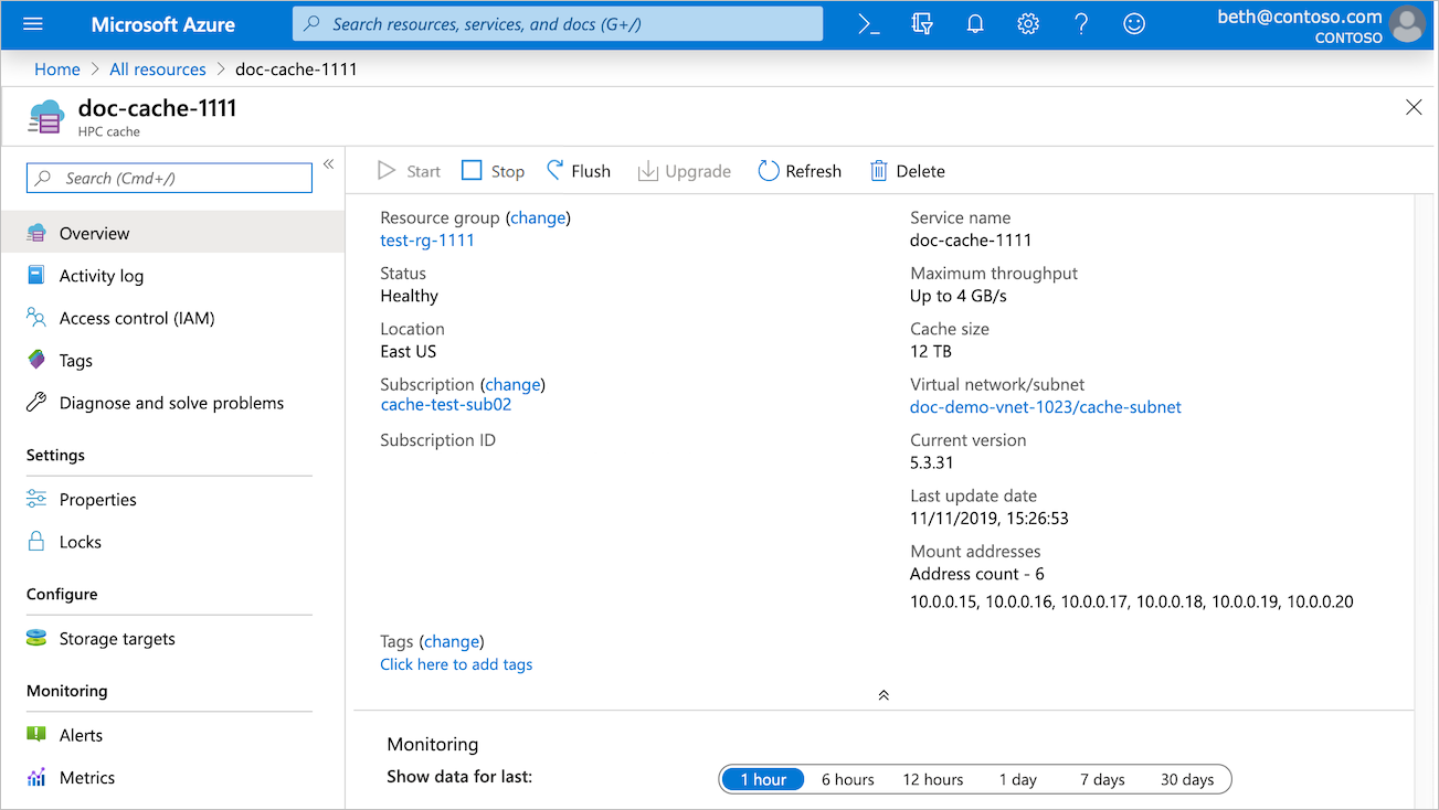 capture d’écran de l’instance de cache Azure HPC Cache dans le portail Azure