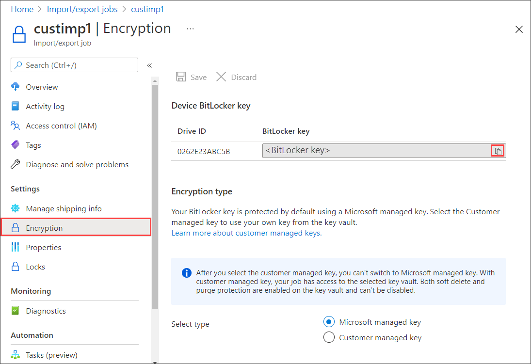 Capture d’écran du volet Chiffrement pour une tâche d’exportation dans Azure Import/Export. L’élément de menu Chiffrement et le bouton Copie de la clé sont mis en évidence.