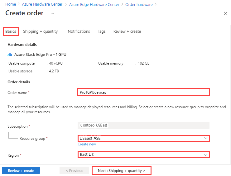 Capture d’écran de l’onglet Général pour la saisie d’un nom de commande, d’un groupe de ressources et d’une région pour une commande Azure Edge Hardware Center