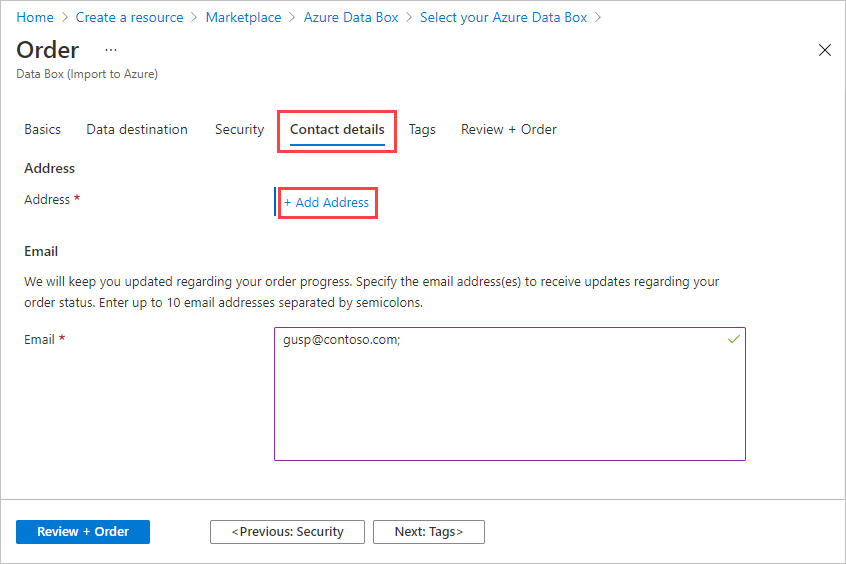 Capture d’écran de l’onglet Détails du contact pour une commande de Data Box. L’onglet Détails du contact et l’option Ajouter une adresse sont mis en évidence.