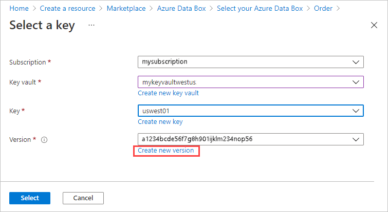 Capture de l’écran Créer une clé dans Azure Key Vault. Le lien Créer une version est mis en évidence.