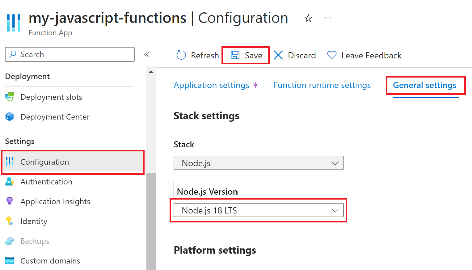 Capture d’écran du paramétrage de Node.js pour l’application de fonction vers la dernière version LTS dans le Portail Azure. 