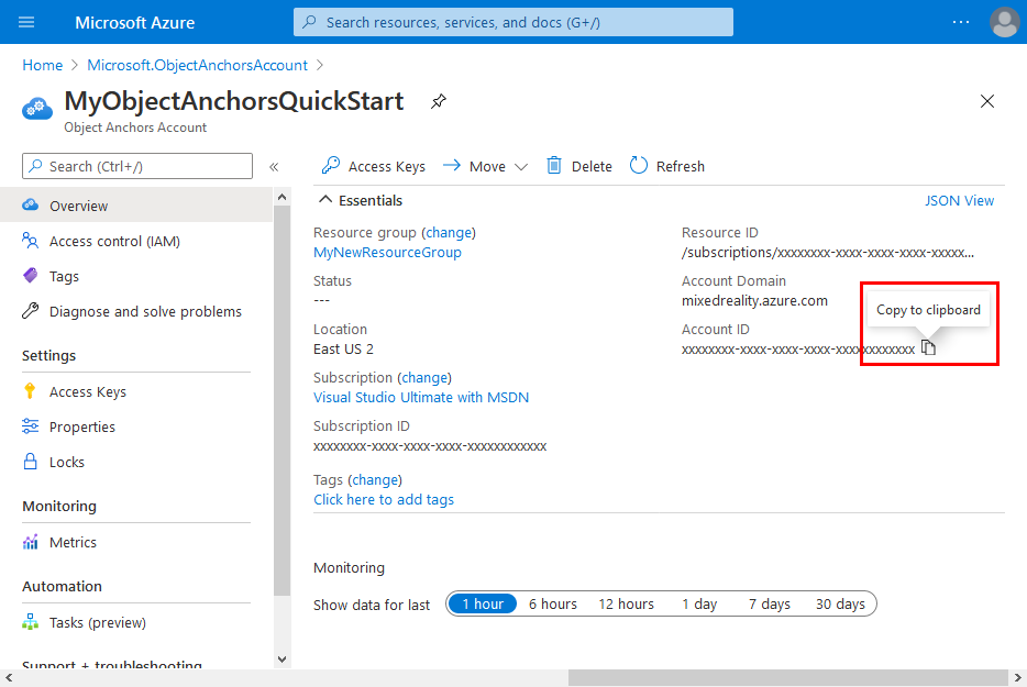 Copier l’ID de compte pour votre ressource Object Anchors