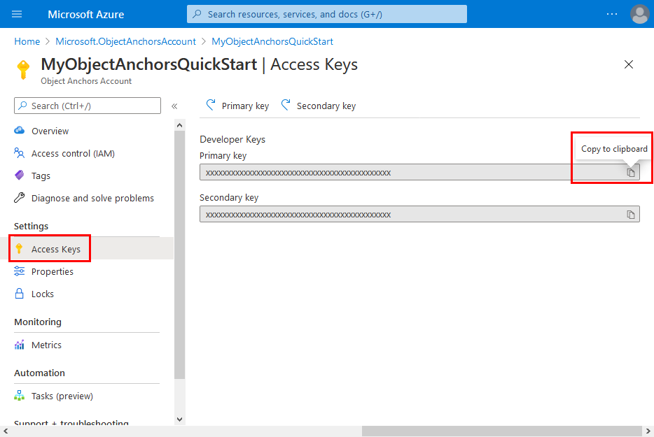 Copier la clé de compte pour votre ressource Object Anchors