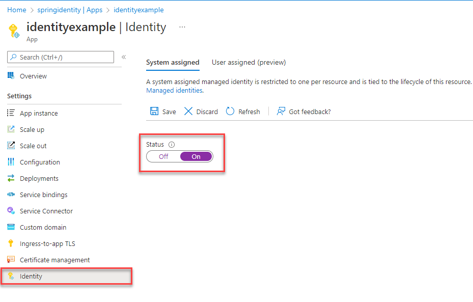 Capture d’écran montrant comment activer une identité managée pour Azure Spring Apps.