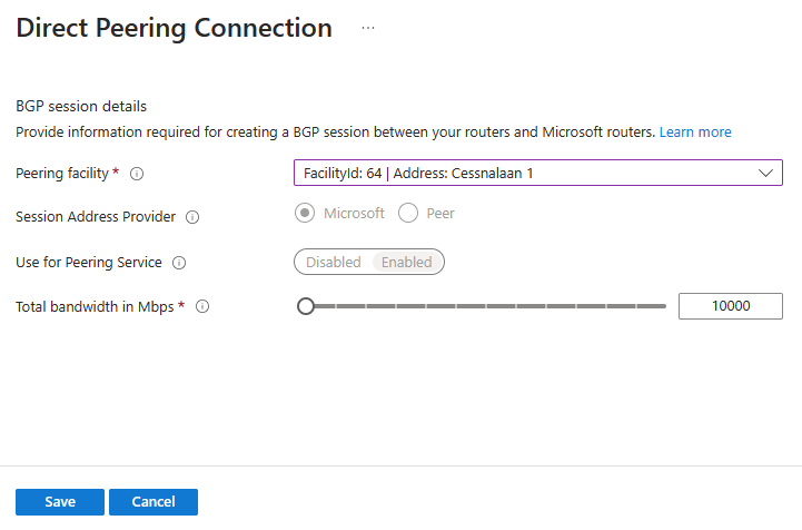 Capture d’écran montrant la création d’une connexion de Peering directe.