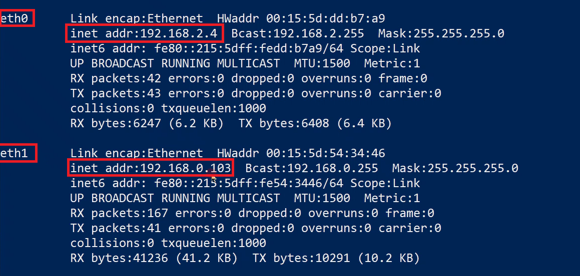 Capture d’écran montrant la configuration IP de plusieurs cartes réseau connectées à deux réseaux différents.