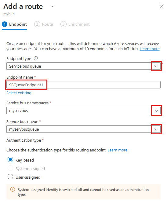 Capture d’écran montrant le volet Ajouter un point de terminaison de file d’attente Service Bus avec les options pertinentes sélectionnées.