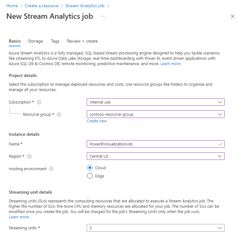 Capture d’écran montrant la création d’un travail Stream Analytics.