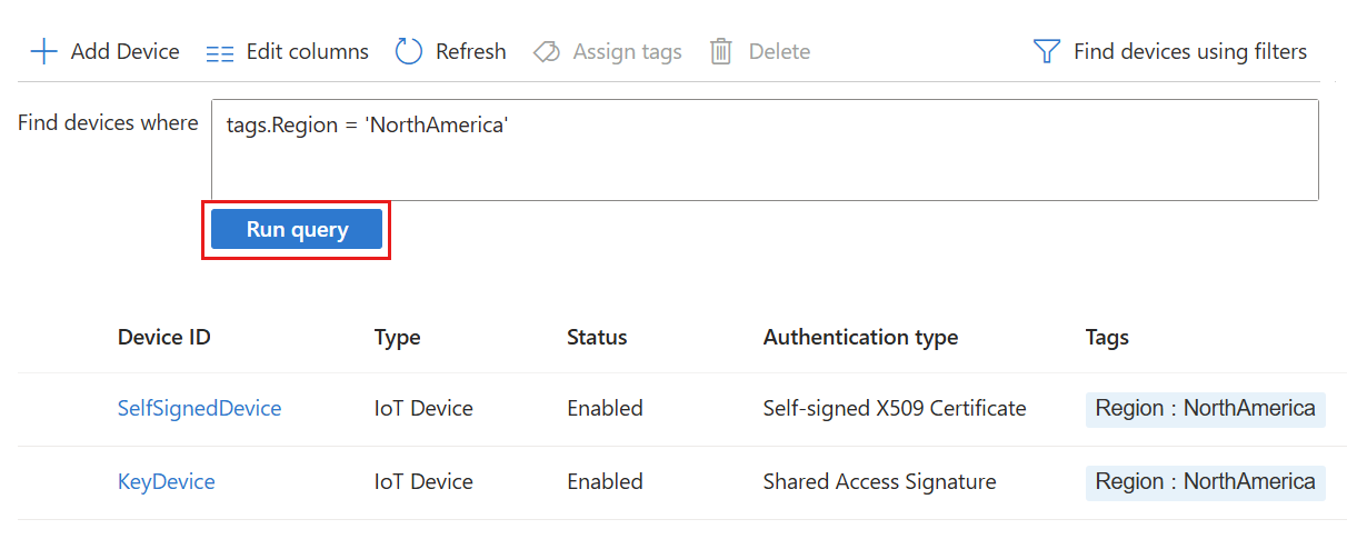 Capture d’écran montrant l’utilisation du filtre de requête d’appareil dans le portail Azure.