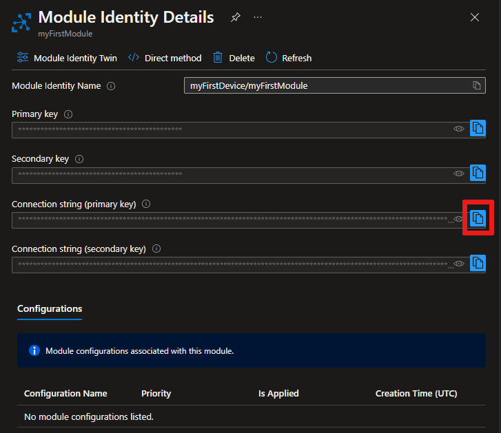 Capture d’écran montrant le menu Détails de l’identité de module.