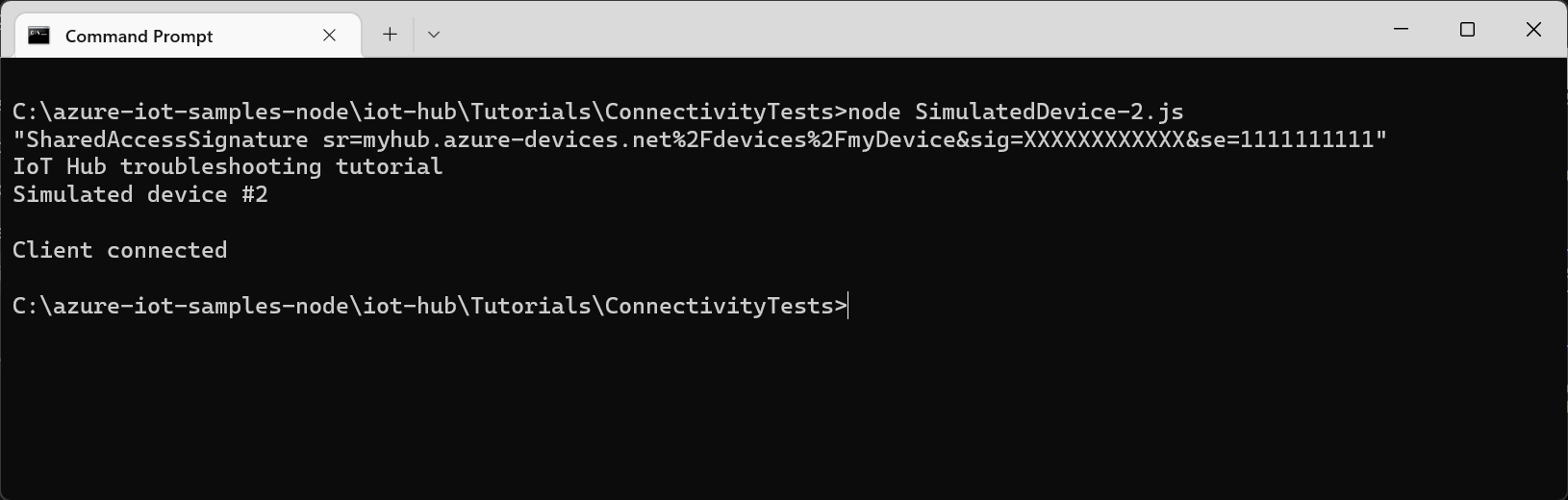 Capture d’écran montrant une connexion réussie à l’aide d’un jeton SAS.