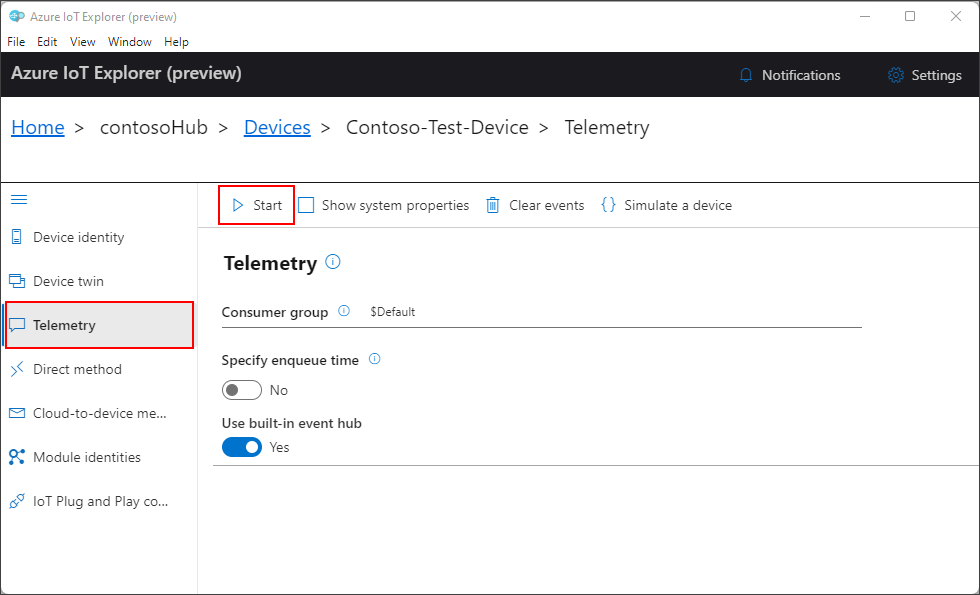 Démarrez la télémétrie d’appareil de surveillance dans IoT Explorer.