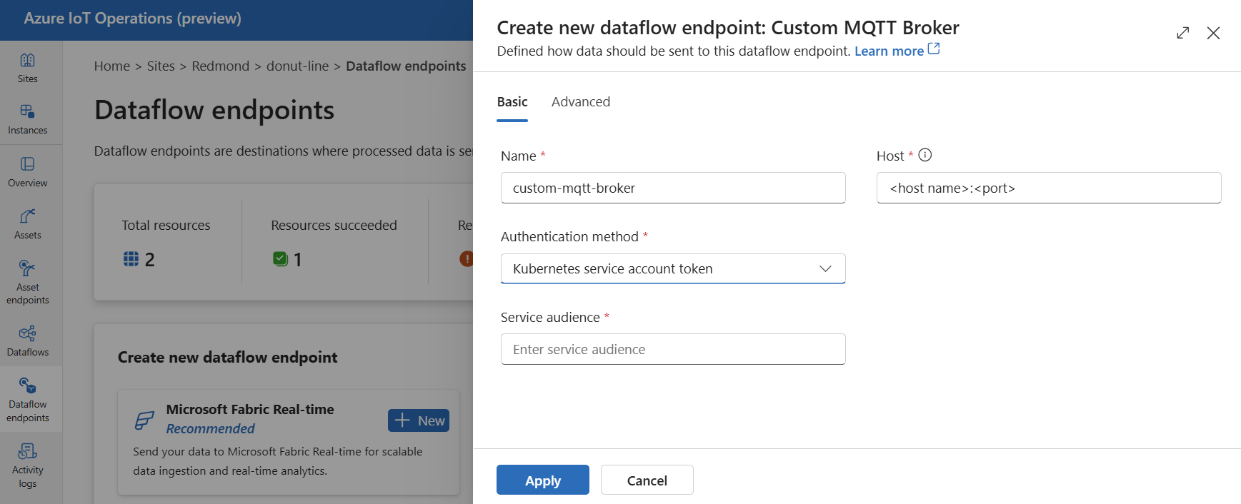 Capture d’écran de l’utilisation de l’expérience des opérations pour créer un point de terminaison d’Agent MQTT personnalisé.