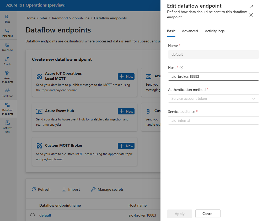 Capture d’écran de l’utilisation de l’expérience des opérations pour voir le point de terminaison de flux de données MQTT par défaut.