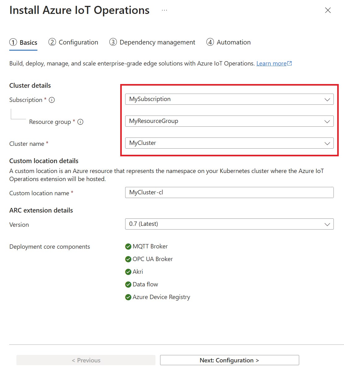 Capture d’écran montrant le premier onglet pour le déploiement d’Opérations Azure IoT à partir du portail.