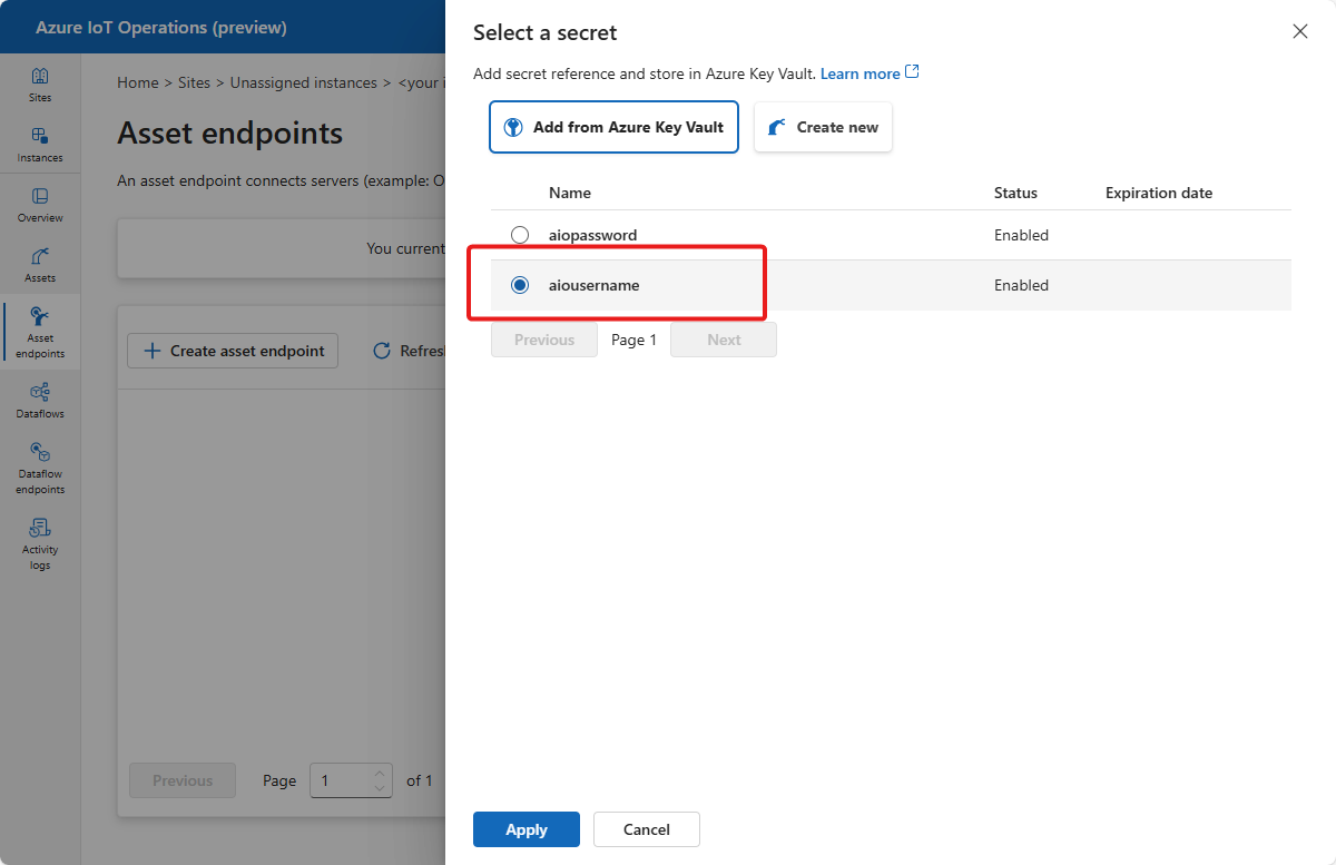 Capture d’écran présentant les références de nom d’utilisateur et de mot de passe d’Azure Key Vault.