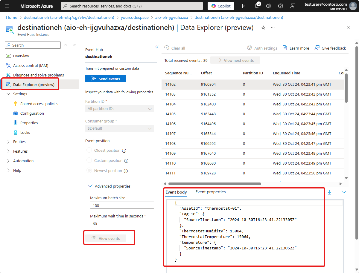 Capture d’écran de la page **Data Explorer** de l’instance Event Hubs.